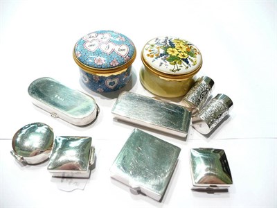 Lot 85 - Two Halcyon Days enamel circular pill boxes and eight small silver boxes (stamped 925)