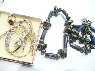 Lot 89 - An Arabic lapis lazuli and disc necklace, silver jewellery suite, rings, freshwater pearls, etc