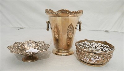 Lot 111 - Pierced silver dish, small silver pedestal dish and silver two handled vase