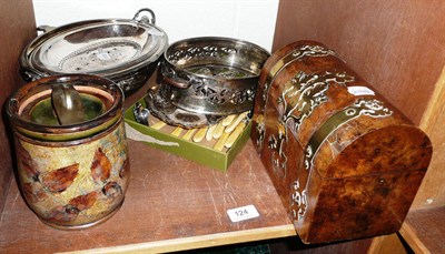 Lot 124 - Royal Doulton tobacco jar, a walnut and brass tea caddy and a quantity of silver plate