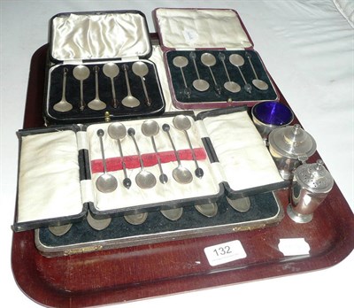 Lot 132 - Cased set of twelve silver teaspoons, three sets of silver coffee bean teaspoons and silver...