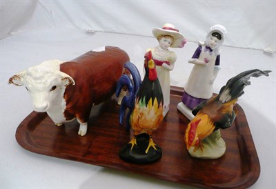 Lot 142 - Two Doulton figures, a Beswick model of a Hereford Champion and two cockerels