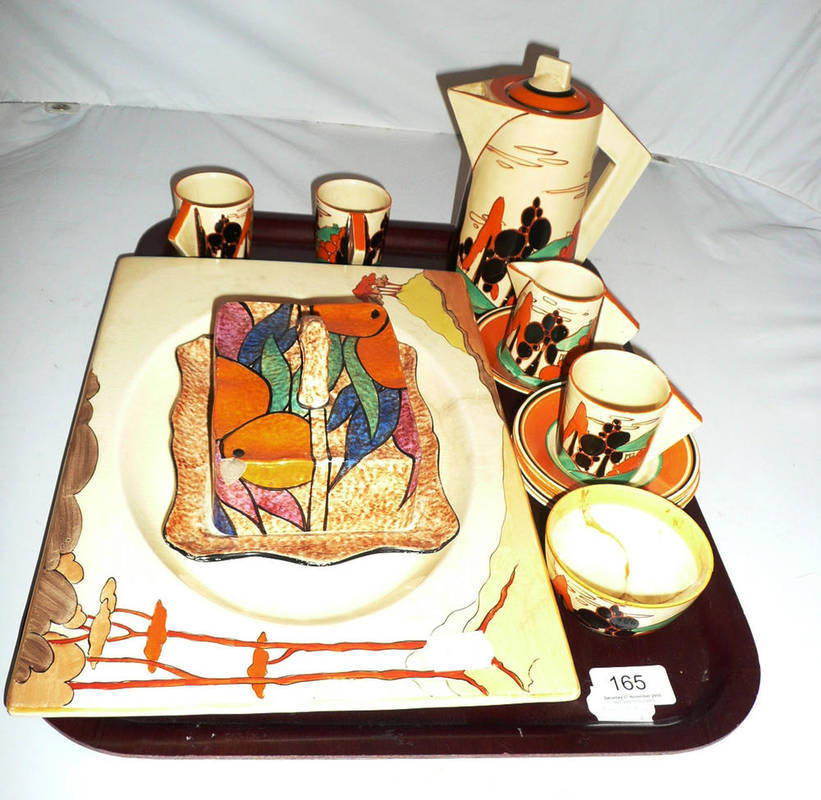 Lot 165 - Clarice Cliff coffee set (a.f.), butter dish and cover and large rectangular plate