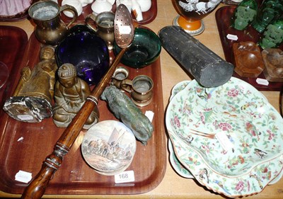 Lot 168 - Tray including pot lid, glassware, metal wares, two Canton plates, copper ladle, Tibetan...