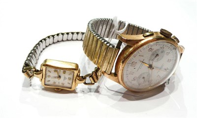 Lot 174 - A gents Swiss chronograph wristwatch stamped '18k' and a lady's wristwatch stamped '18k' (2)