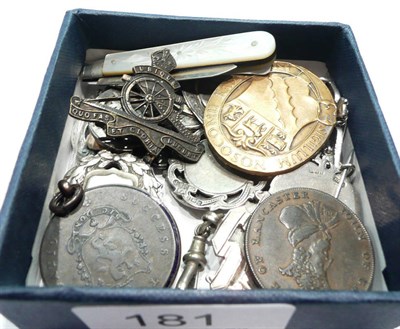 Lot 181 - Assorted silver medallions and medals, silver bladed fruit knife, fob, etc