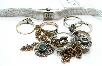 Lot 211 - Six assorted diamond and dress rings, a pair of earrings, a watch and a gold chain