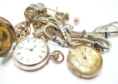 Lot 221 - 9ct gold pocket watch, another, locket and chain, earrings, coins, brooches etc