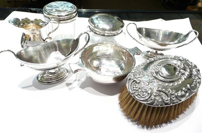 Lot 223 - Silver-mounted brush, silver-mounted glass dressing table jars, two handled salts, etc