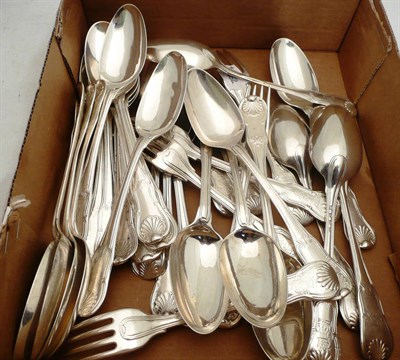 Lot 250 - Seven silver table forks, twelve silver tablespoons and twelve other silver tablespoons en...