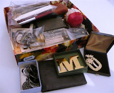 Lot 251 - A box of mixed collectables including pens, half dolls, Mauchline ware, opera glasses,...