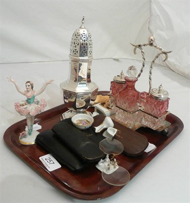 Lot 257 - Silver sugar caster, ivory figure (a.f.) assorted spectacles and plated cruet stand with...