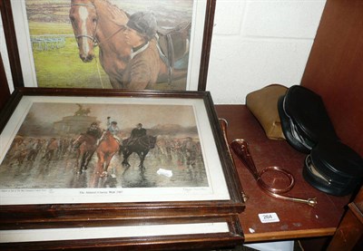 Lot 264 - Four limited edition racing prints, two brass and copper horns and fishing reels