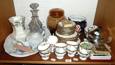 Lot 280 - Shelf including tea set, glass jar and cover, pottery meat plate, Royal Crown Derby jardiniere,...