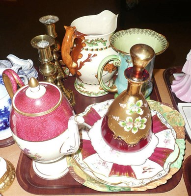 Lot 287 - John Peel Crown Devon musical jug, Wedgwood coffee pot, cabinet plate, brass candlesticks, etc