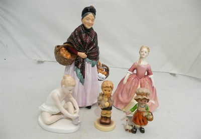 Lot 289 - Three Doulton figures "Orange Lady", "Debbie", "Ballet Dancer" and two Hummel figures