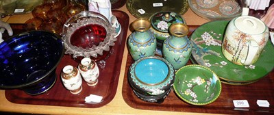 Lot 290 - Two trays including cranberry glass basket, Royal Doulton hunting tea pot and cover, two...