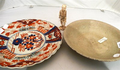 Lot 294 - Chinese celadon dish, Imari plaque and a Chinese figure