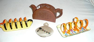 Lot 298 - Clarice Cliff 'Crocus' toast rack, Carlton ware toast rack, Chinese teapot and a scent bottle