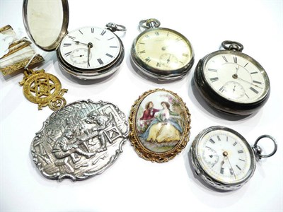 Lot 311 - Four pocket watches, a Masonic medal and two brooches