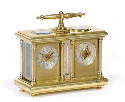 Lot 1310 - A Brass Compendium Carriage Timepiece, circa 1900, the rectangular shaped case with side...