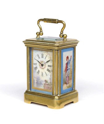 Lot 1312 - A Miniature Brass and Porcelain Mounted Carriage Timepiece, circa 1890, the case decorated with...