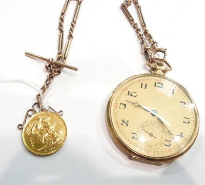 Lot 350 - A 1910 sovereign on a 9ct gold fancy link watch chain and a Silvana pocket watch