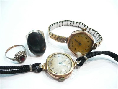 Lot 354 - A 9ct gold wristwatch with plated bracelet, a 9ct gold wristwatch with leather and cord strap...