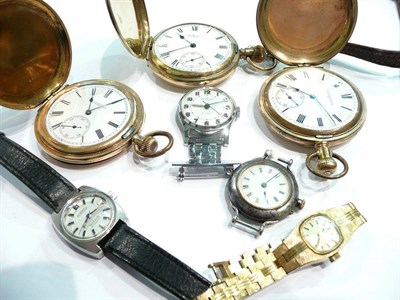 Lot 361 - Two Waltham pocket watches, Elgin pocket watch, lady's Rotary watch, watch keys etc