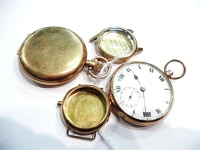 Lot 363 - A 9ct gold pocket watch, 9ct gold pocket watch case and two 9ct gold wristwatch cases