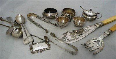 Lot 369 - Two pairs of silver salts, silver mustard, three silver spoons, silver butter knife, silver...