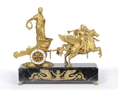 Lot 1315 - A Gilt Metal and Green Marble Striking Chariot Clock, circa 1860, the chariot pulled by winged...