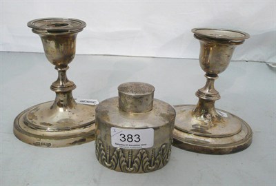 Lot 383 - Pair of silver candlesticks and a tea caddy