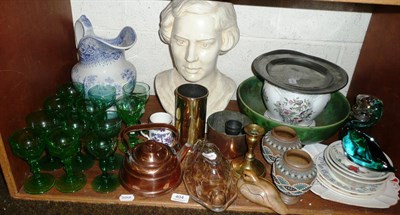 Lot 404 - Shelf including blue and white pottery jug, green wine glasses, plaster bust, nursery plates,...