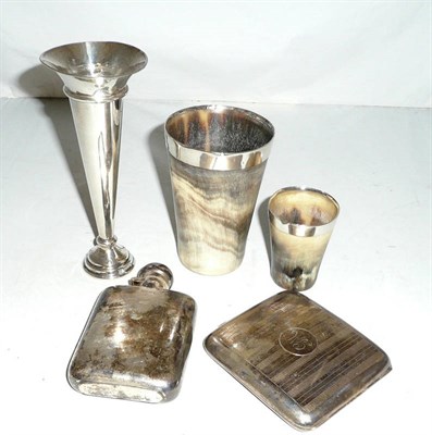 Lot 412 - Silver hip flask, spill vase, cigarette case and two silver mounted horn beakers