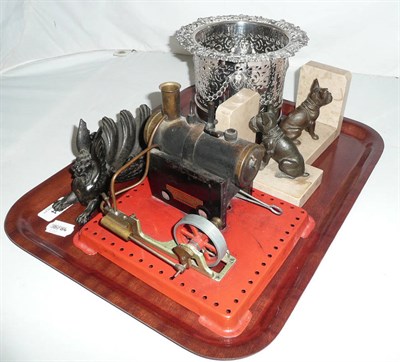 Lot 414 - Plated bottle stand, pair of bookends, Mamod engine etc