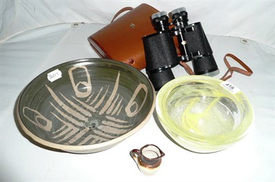 Lot 418 - Pottery bowl, binoculars, small jug and yellow glass bowl