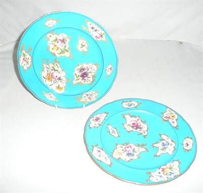 Lot 436 - Pair of Continental plates painted with floral sprays on a blue ground