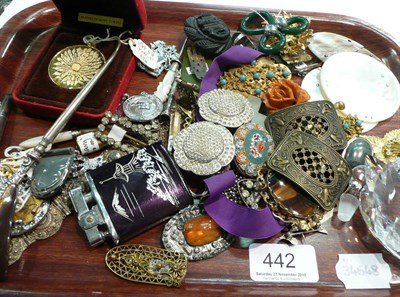 Lot 442 - Assorted costume jewellery, buckles, jet brooch, Swarovski swan and other items