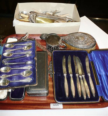 Lot 444 - Assorted plated and silver flatwares, silver mounted hairbrush, cased salts, cased silver...