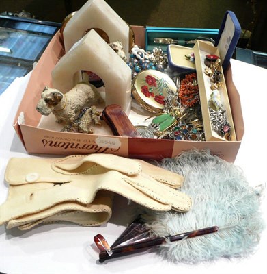 Lot 453 - Box of assorted costume jewellery including a pair of painted spelter dog bookends, etc