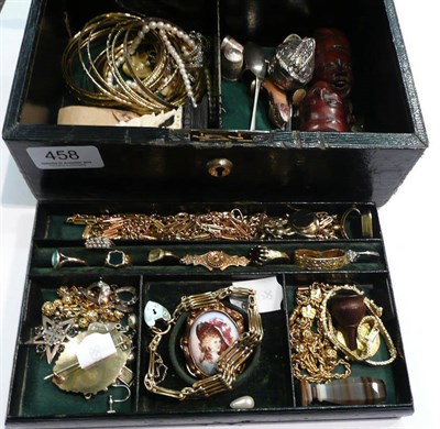 Lot 458 - A box containing a garnet-set brooch, a guard chain, Victorian jewellery and an agate seal, etc