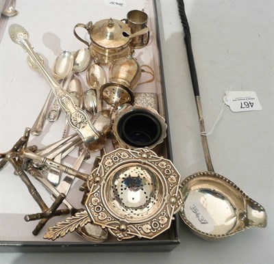 Lot 467 - Georgian silver ladle, silver condiments, teaspoons, vesta case, knife rests etc