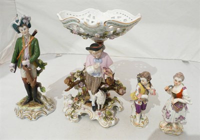 Lot 476 - Pair of Meissen figures, figural comport and Continental hunting figure