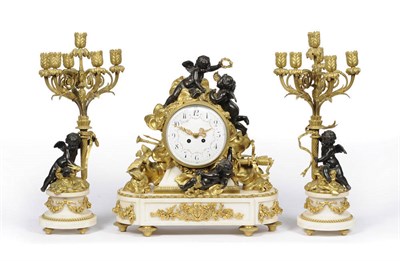 Lot 1326 - An Ormolu and White Marble Striking Mantel Clock with Garniture, circa 1880, the case finely...