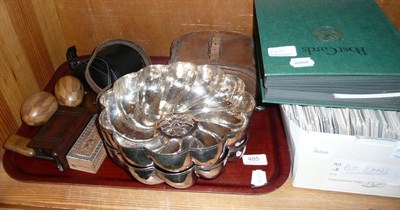 Lot 485 - Tray including two plated dishes, two pairs of binoculars, miniature bellows, assorted...