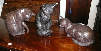 Lot 488 - Shirley Fraser - three large sculptural figures of cats cast in cement fondu and wax polished