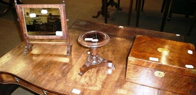 Lot 492 - Walnut writing slope, rosewood miniature pedestal stand and a small toilet mirror (3)