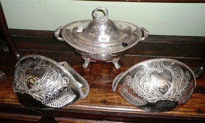 Lot 502 - Pair of silver plated hanging wall sconces and a plated tureen and cover