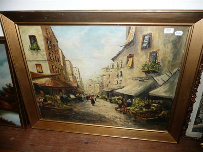 Lot 537 - Large framed oil on canvas, Continental street scene